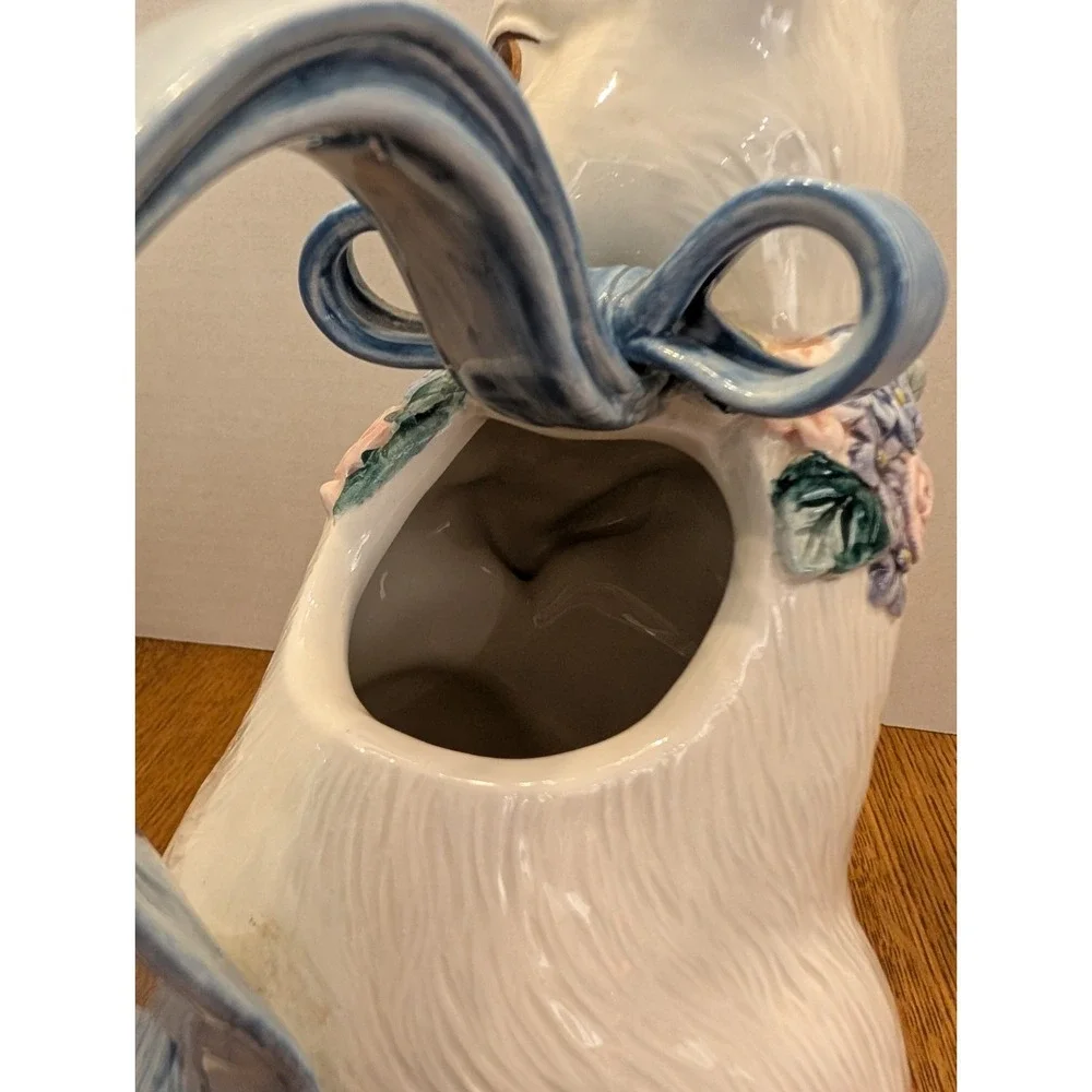Fitz and Floyd Flora Ceramic Rabbit 1qt Pitcher 1993 Blue Bow Handle